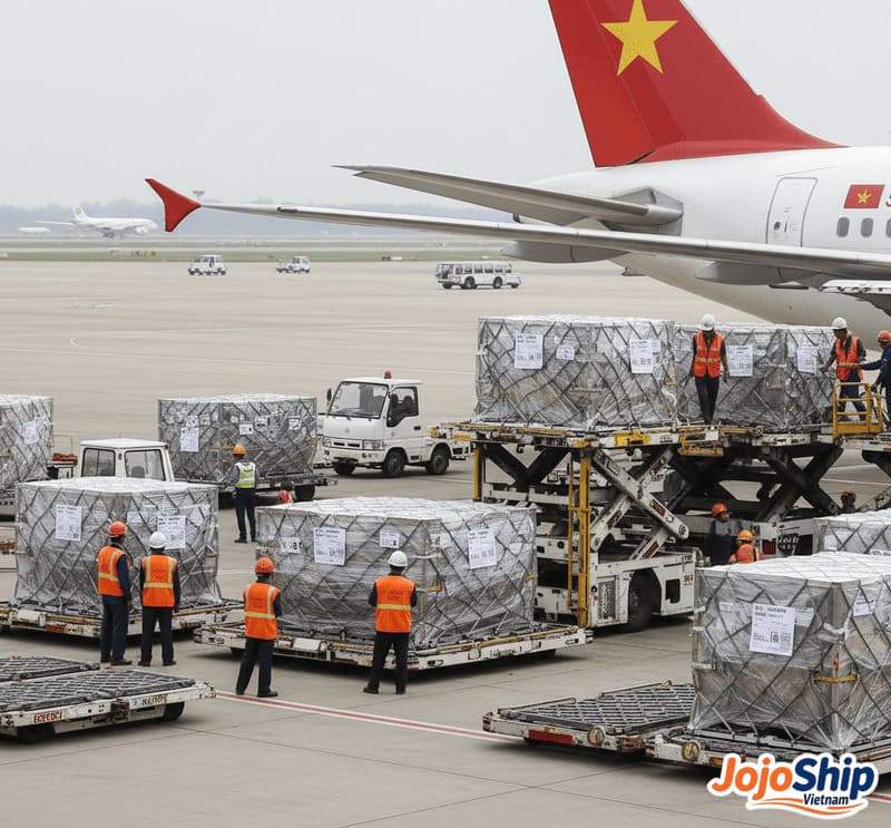 Air freight being loaded onto plane in Vietnam