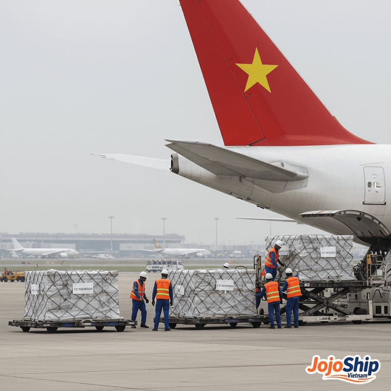 Air freight cargo being loaded in Vietnam for Indonesia shipment