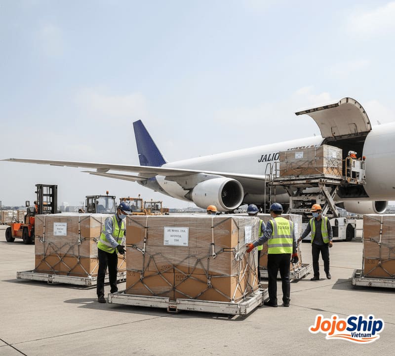 Air freight cargo being loaded in Vietnam