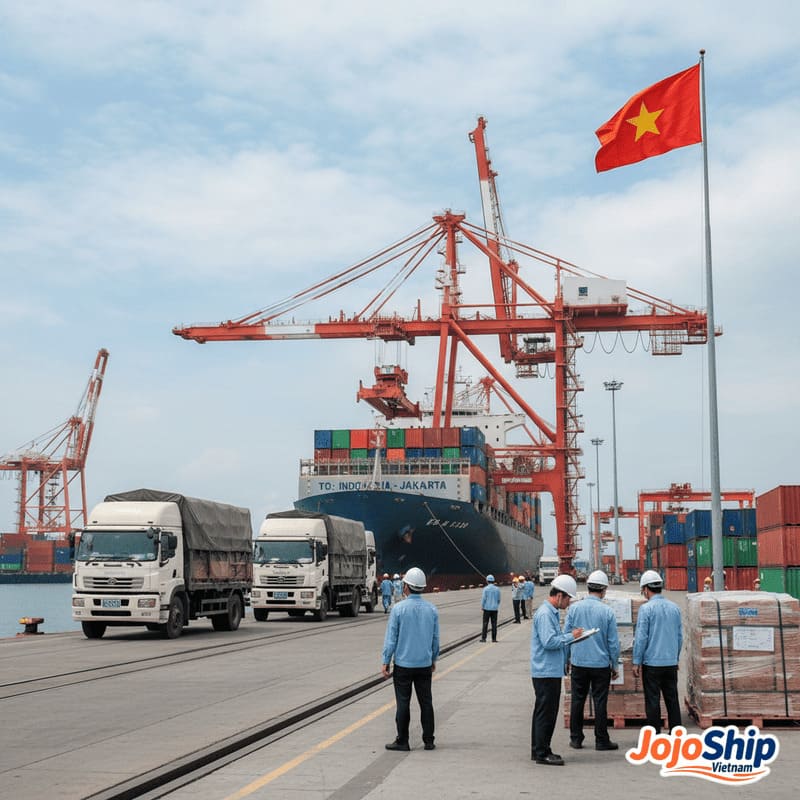 Sea freight containers being loaded at Vietnamese port