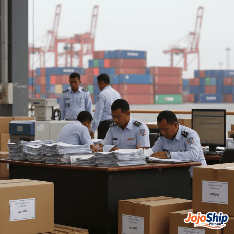 Indonesian customs official inspecting import documentation