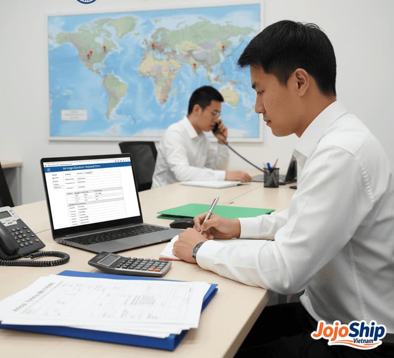Air freight documentation being prepared for Vietnam export