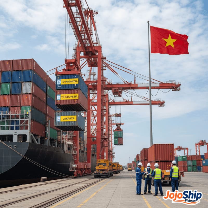 Container ship loading at Vietnam port for Indonesia route