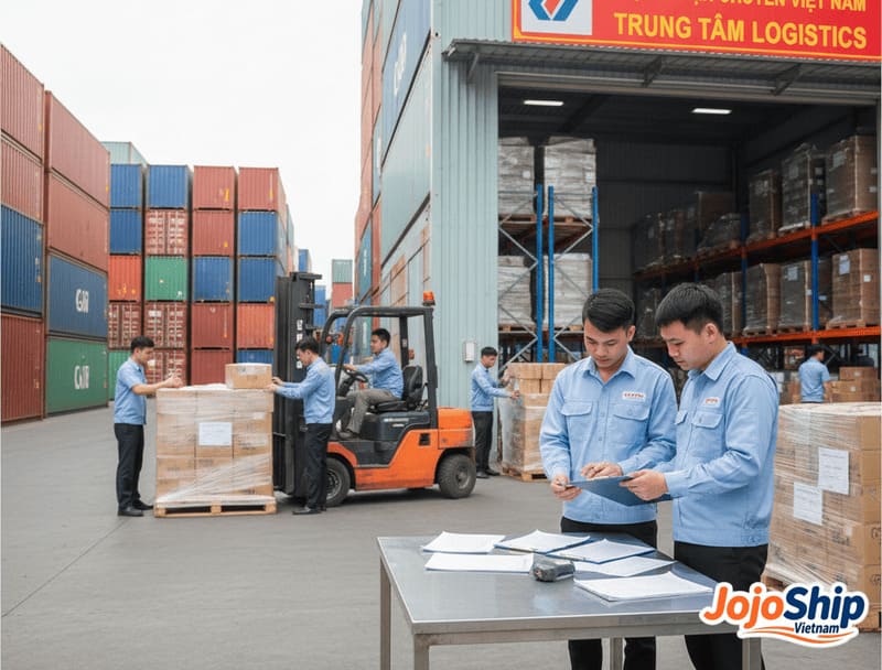 Vietnamese freight forwarding office with staff handling documentation