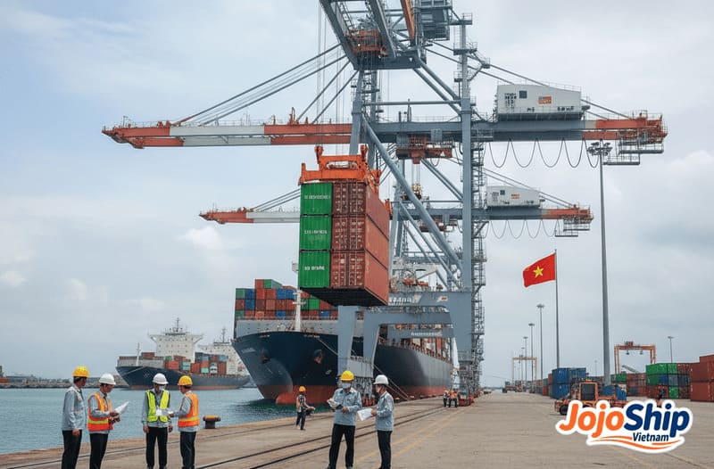 Container ship leaving Vietnam port