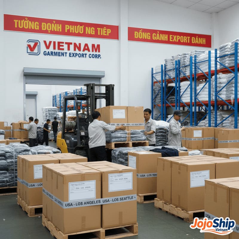 Textile shipping containers being loaded at a Vietnam port